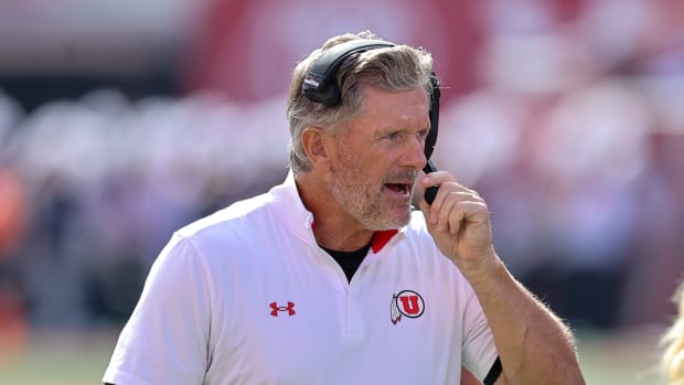 Oct 14, 2023; Salt Lake City, Utah, USA; Utah Utes head coach Kyle Whittingham looks on against the California Golden Bears in the second half at Rice-Eccles Stadium. Mandatory Credit: Rob Gray-USA TODAY Sports
